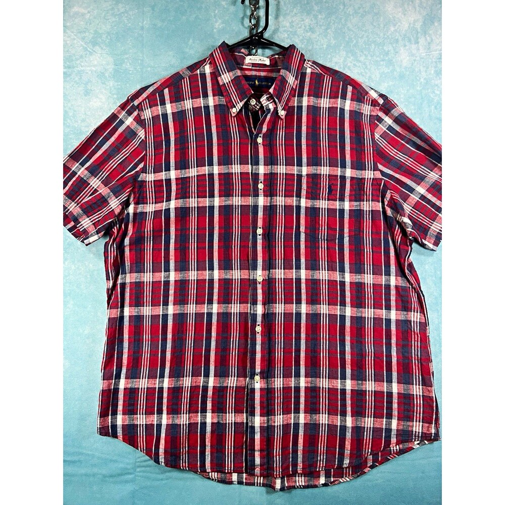 Ralph Lauren Men's Big & Tall 2XL Red Blue White Plaid SS Button-Down Shirt